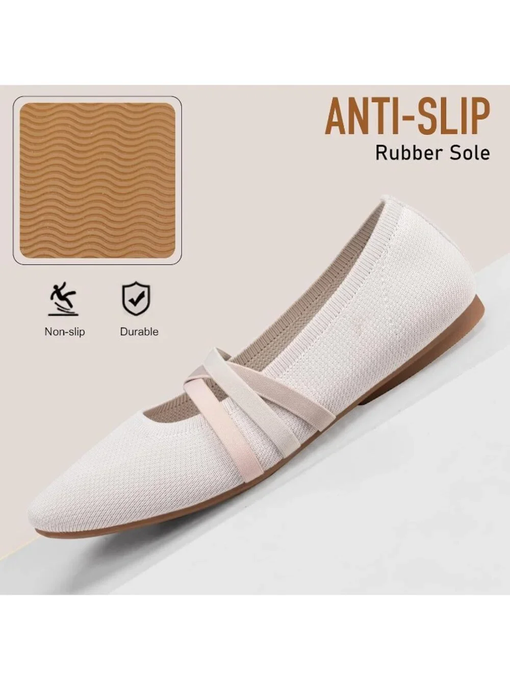 Women's Beige Knit Square Toe Ballet Flats Mary Jane Slip On Causal Shoes